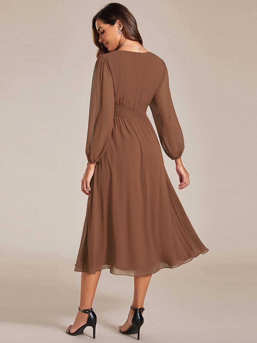 Custom Size Chiffon V-Neck Long Sleeves Elastic Band Midi Wedding Guest Dress #color_Brown