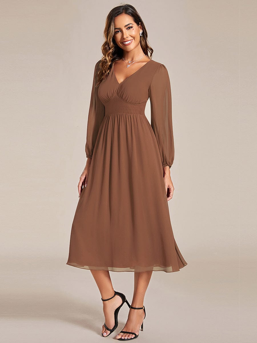 Custom Size Chiffon V-Neck Long Sleeves Elastic Band Midi Wedding Guest Dress #color_Brown