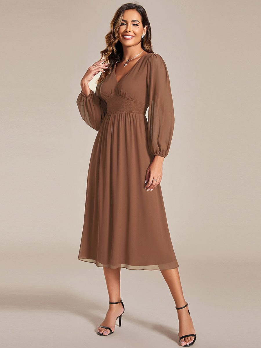 Custom Size Chiffon V-Neck Long Sleeves Elastic Band Midi Wedding Guest Dress #color_Brown