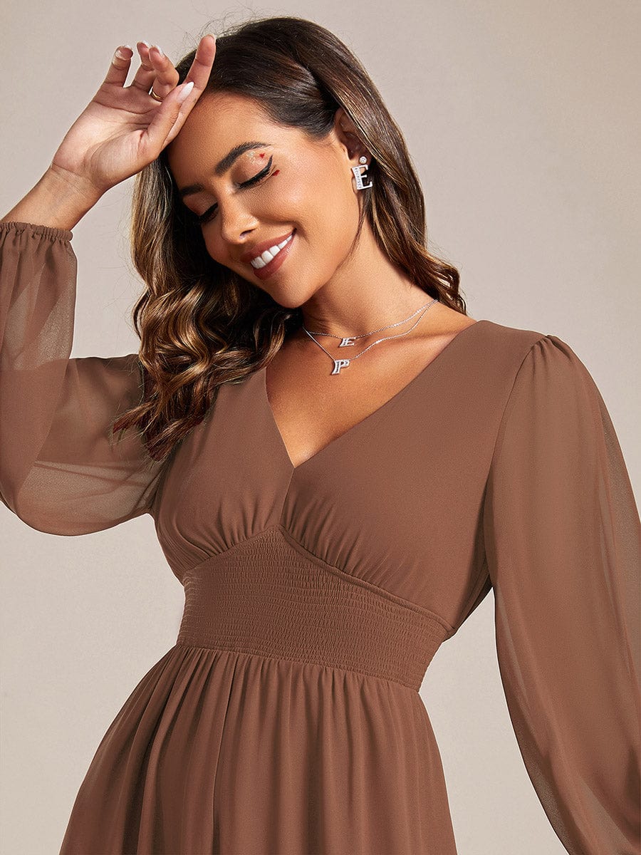 Custom Size Chiffon V-Neck Long Sleeves Elastic Band Midi Wedding Guest Dress #color_Brown