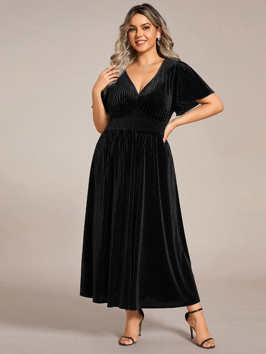 Graceful V-Neck Waist Design Short Sleeves Fall Velvet Midi Wedding Guest Dress #color_Black