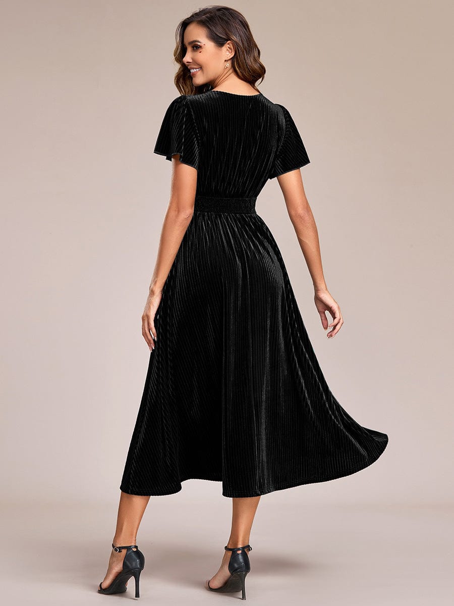 Graceful V-Neck Waist Design Short Sleeves Fall Velvet Midi Wedding Guest Dress #color_Black