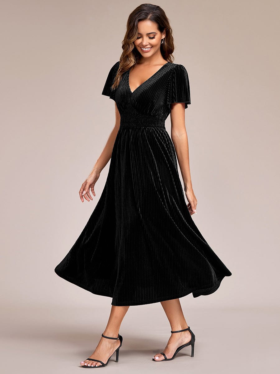 Graceful V-Neck Waist Design Short Sleeves Fall Velvet Midi Wedding Guest Dress #color_Black