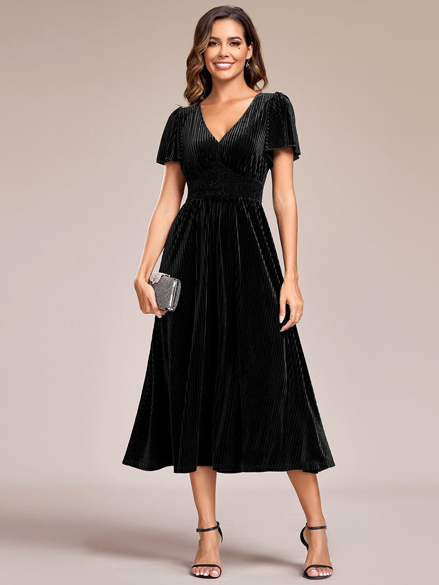 Graceful V-Neck Waist Design Short Sleeves Fall Velvet Midi Wedding Guest Dress #color_Black