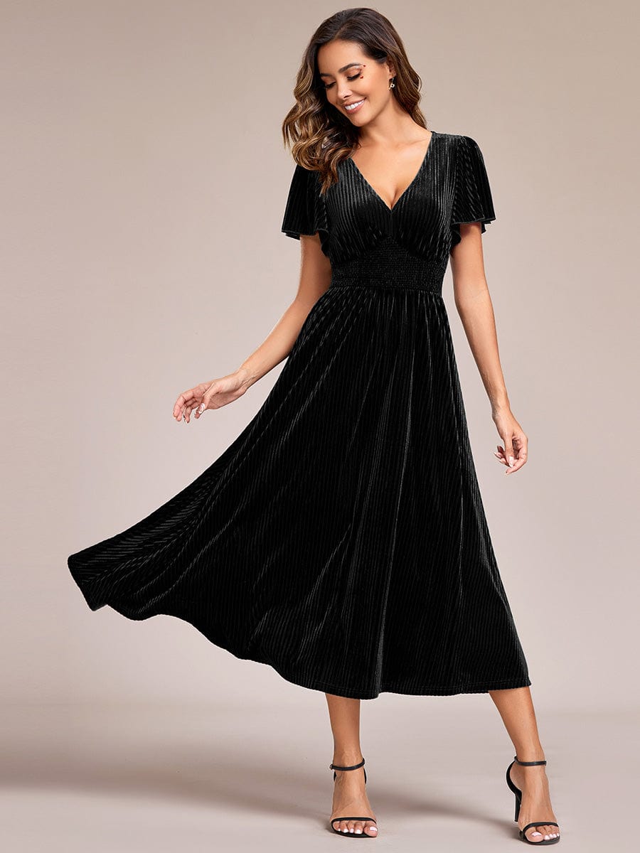 Graceful V-Neck Waist Design Short Sleeves Fall Velvet Midi Wedding Guest Dress #color_Black