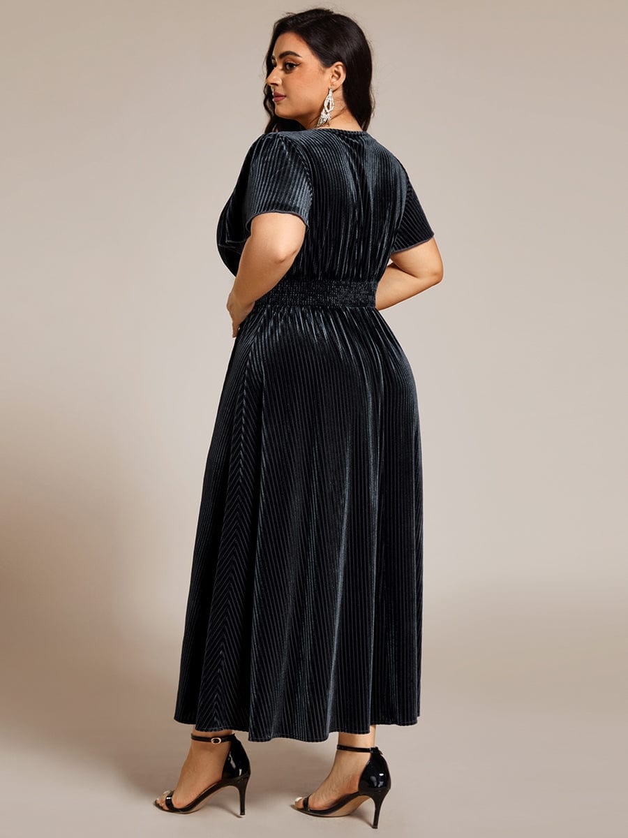 Graceful V-Neck Waist Design Short Sleeves Fall Velvet Midi Wedding Guest Dress #color_Grey Blue