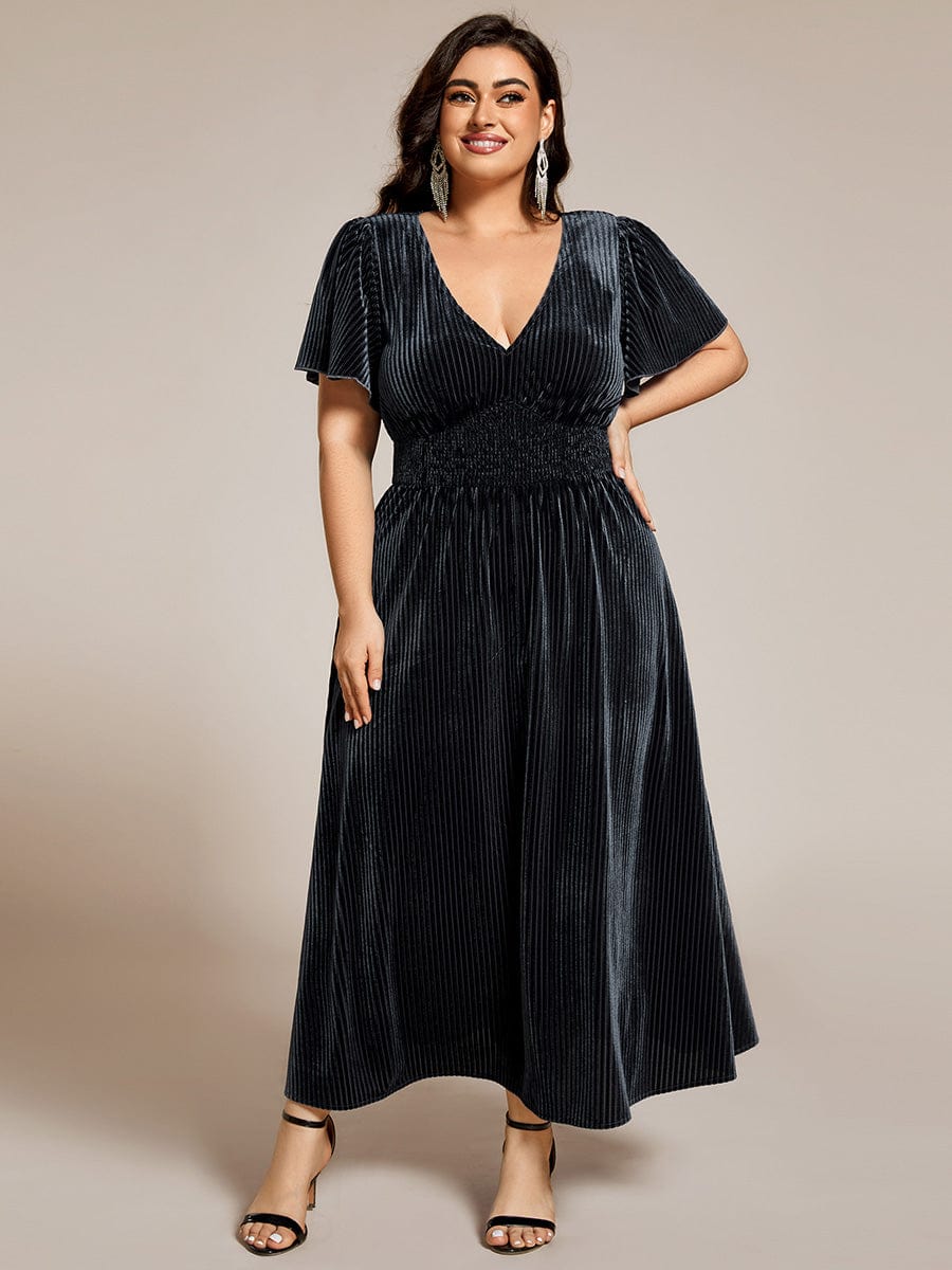 Graceful V-Neck Waist Design Short Sleeves Fall Velvet Midi Wedding Guest Dress #color_Grey Blue