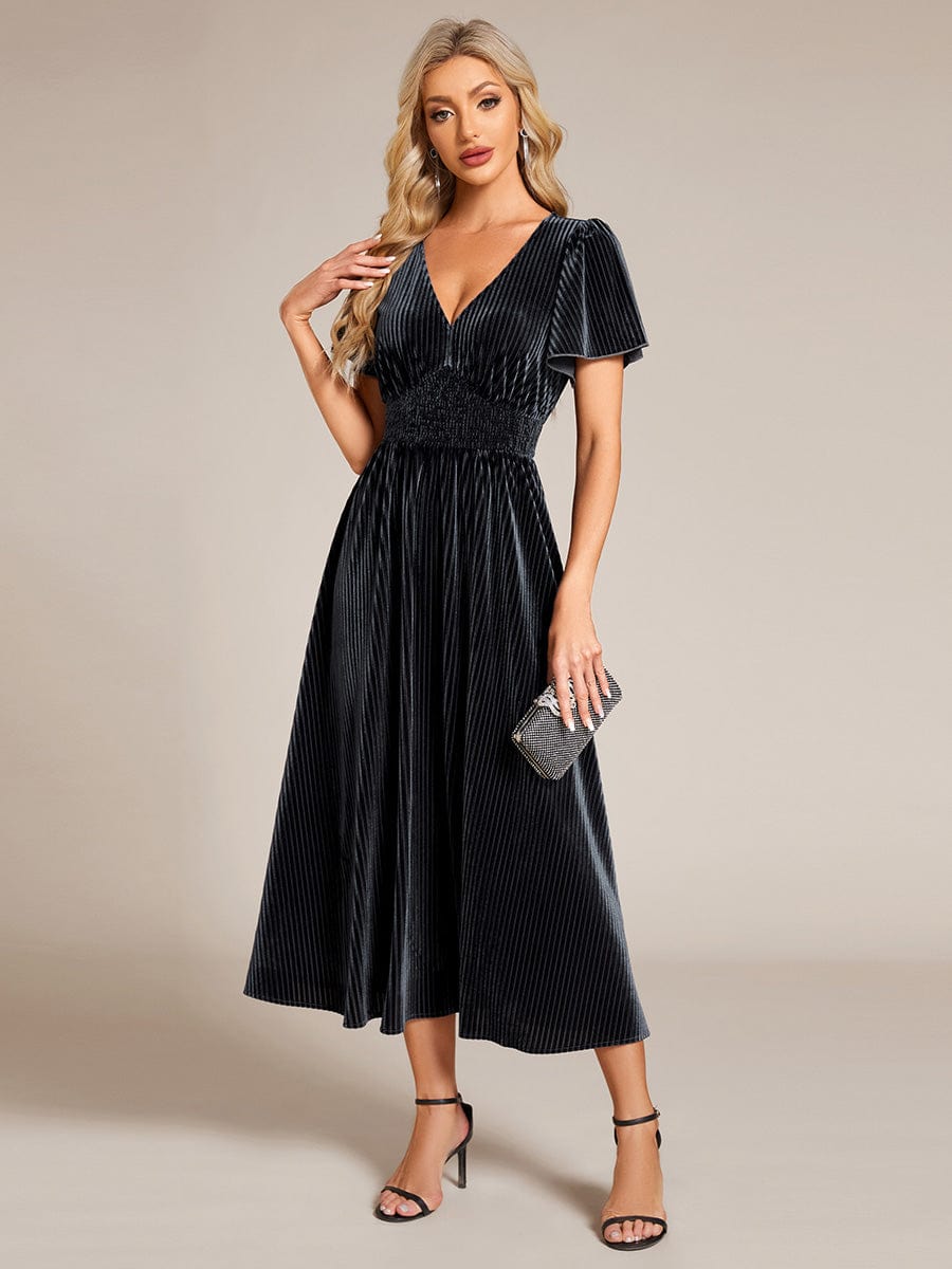 Graceful V-Neck Waist Design Short Sleeves Fall Velvet Midi Wedding Guest Dress #color_Grey Blue