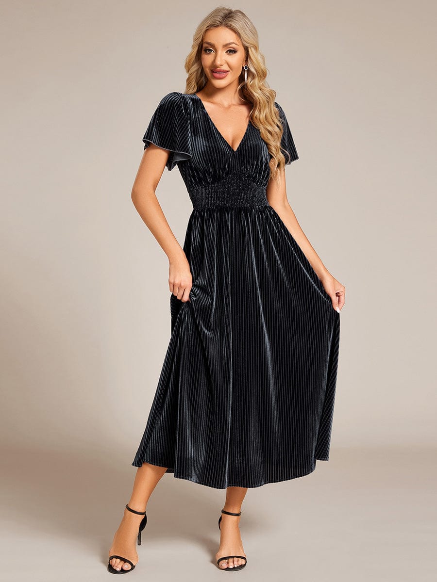 Graceful V-Neck Waist Design Short Sleeves Fall Velvet Midi Wedding Guest Dress #color_Grey Blue