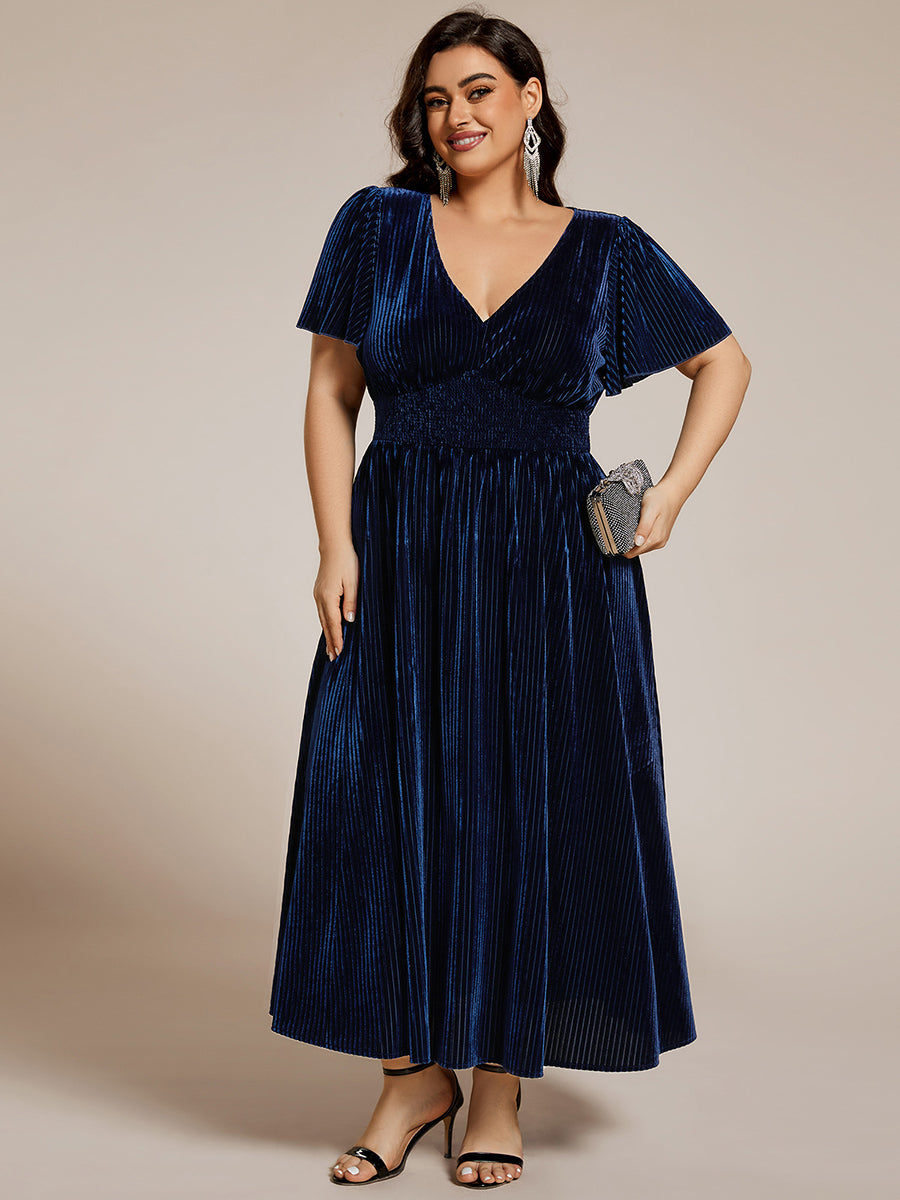 Plus Size A-line V-Neck Short Sleeve Pleated Velvet Fall Wedding Guest Dress #color_Navy Blue