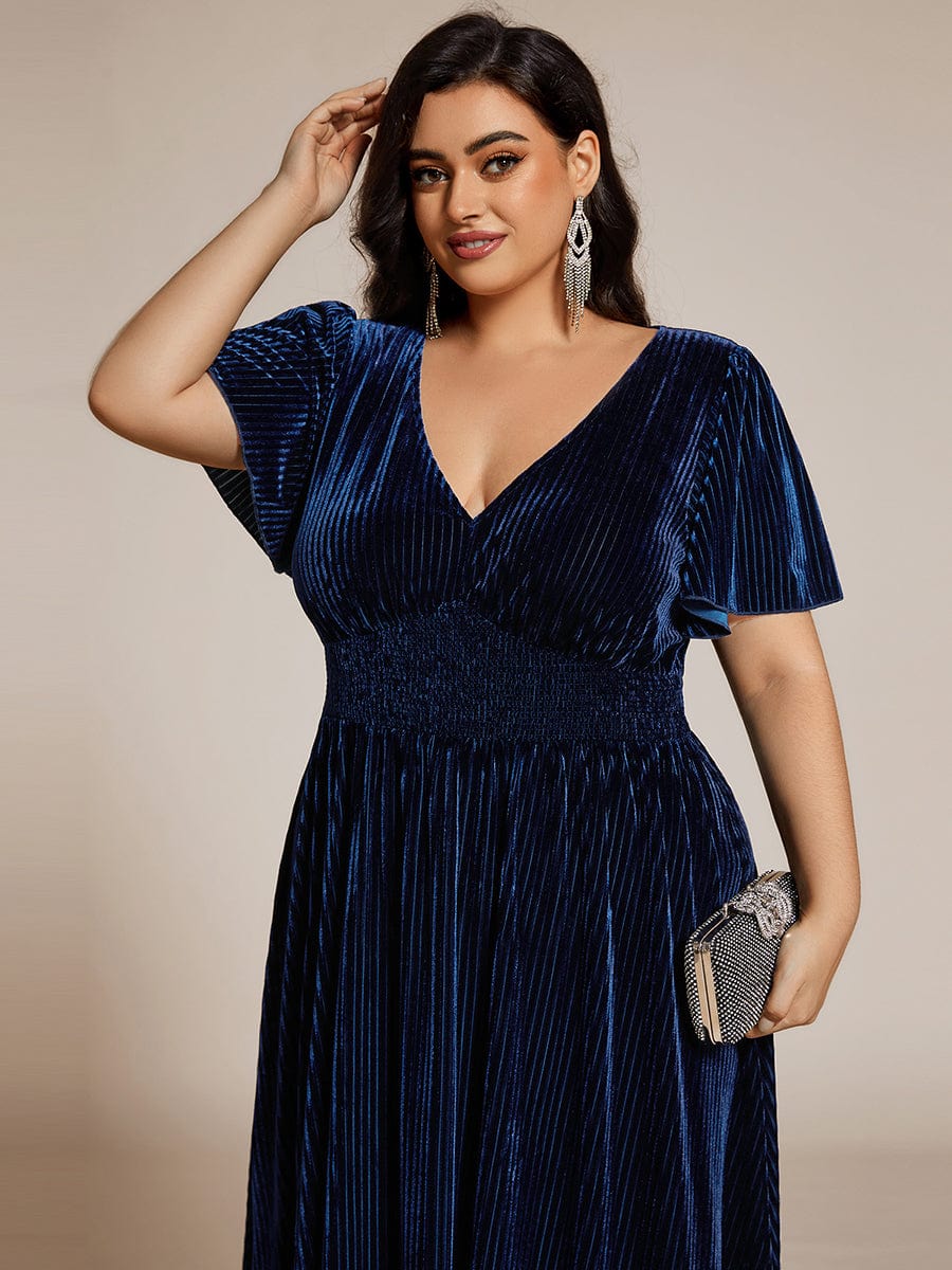 Graceful V-Neck Waist Design Short Sleeves Fall Velvet Midi Wedding Guest Dress #color_Navy Blue