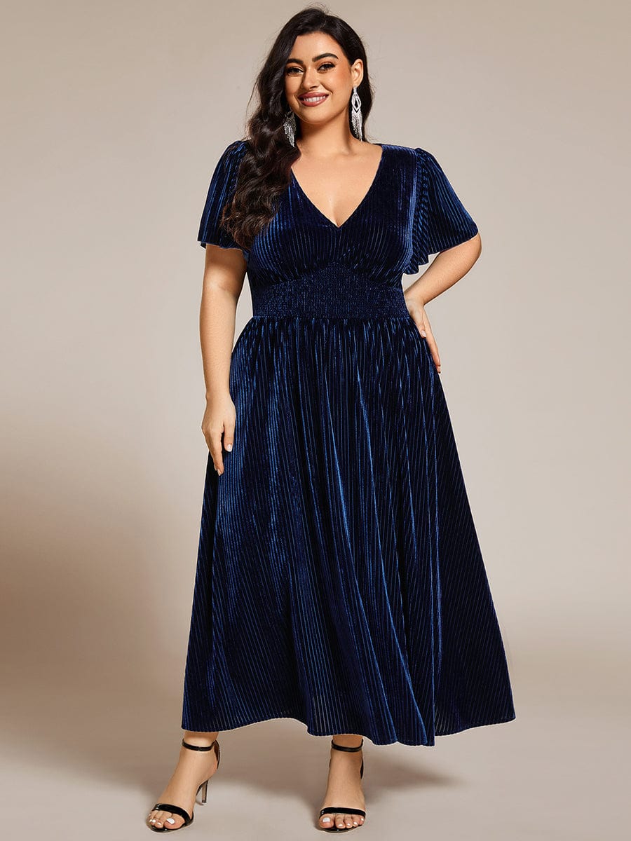 Graceful V-Neck Waist Design Short Sleeves Fall Velvet Midi Wedding Guest Dress #color_Navy Blue