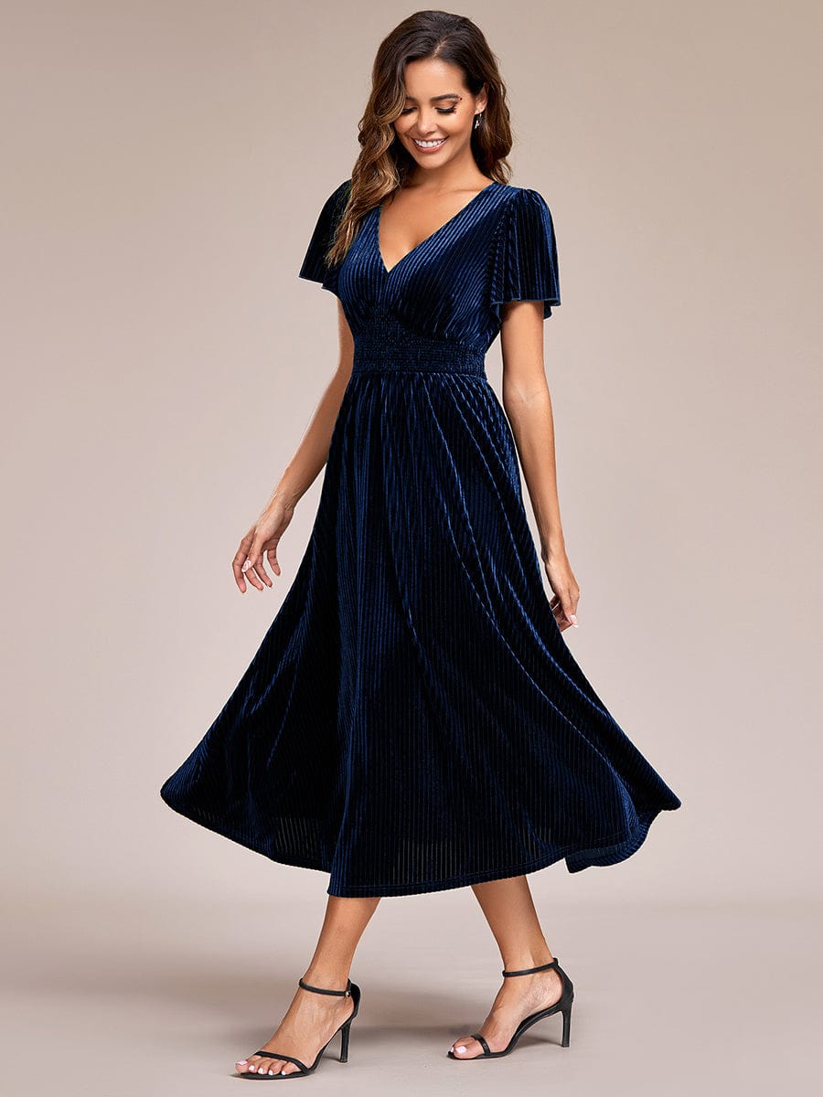 Graceful V-Neck Waist Design Short Sleeves Fall Velvet Midi Wedding Guest Dress #color_Navy Blue