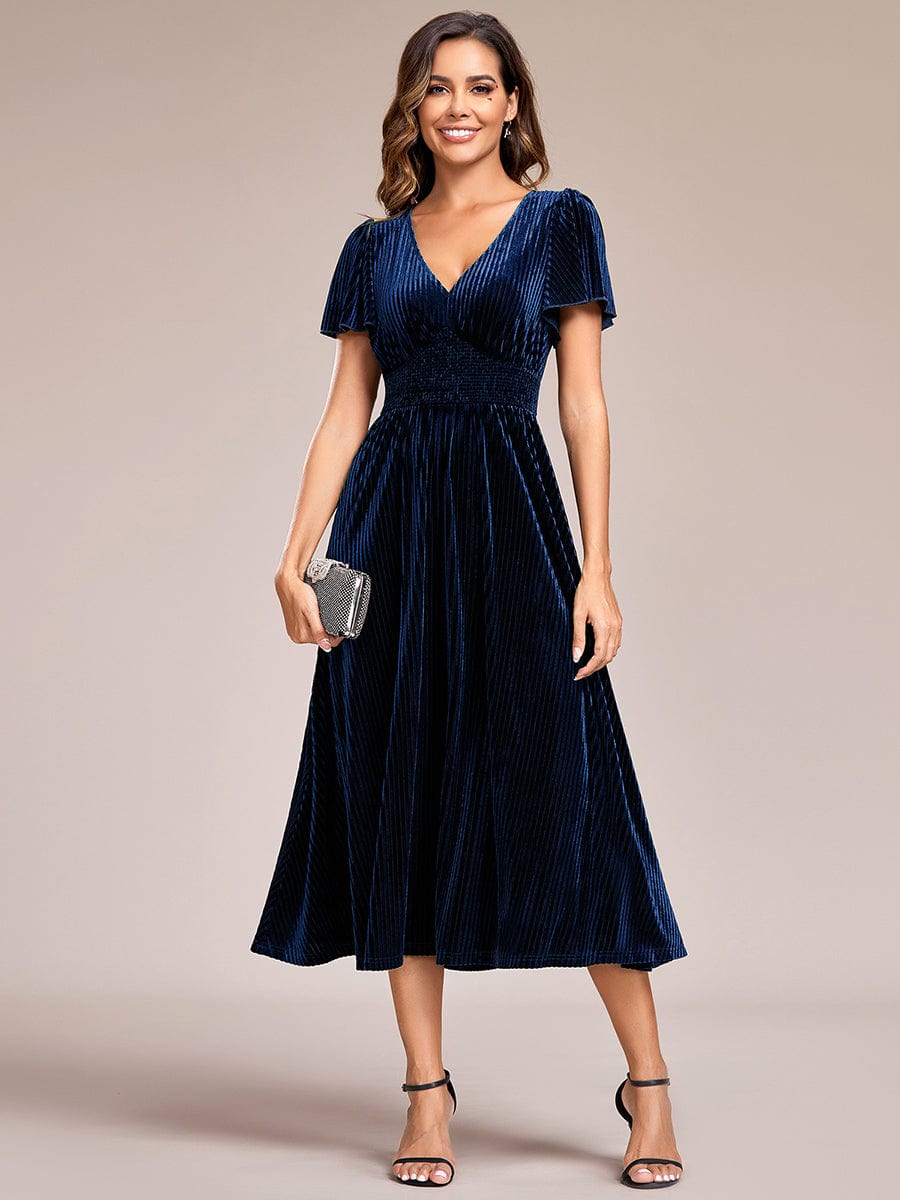 Graceful V-Neck Waist Design Short Sleeves Fall Velvet Midi Wedding Guest Dress #color_Navy Blue