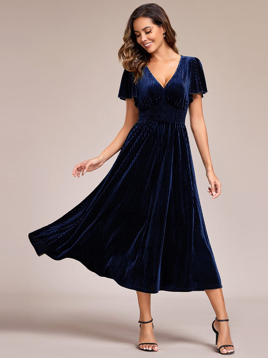 Graceful V-Neck Waist Design Short Sleeves Fall Velvet Midi Wedding Guest Dress #color_Navy Blue