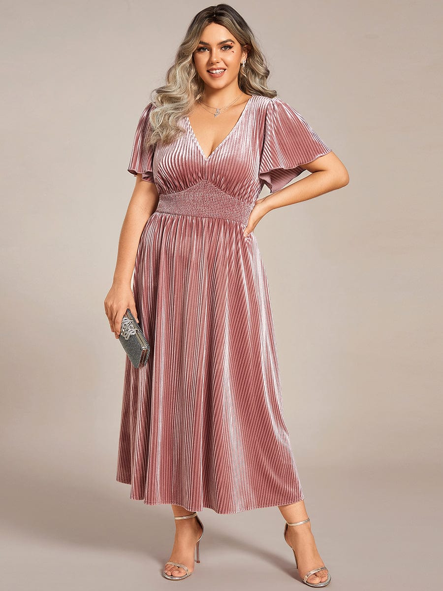 Graceful V-Neck Waist Design Short Sleeves Fall Velvet Midi Wedding Guest Dress #color_Purple Orchid