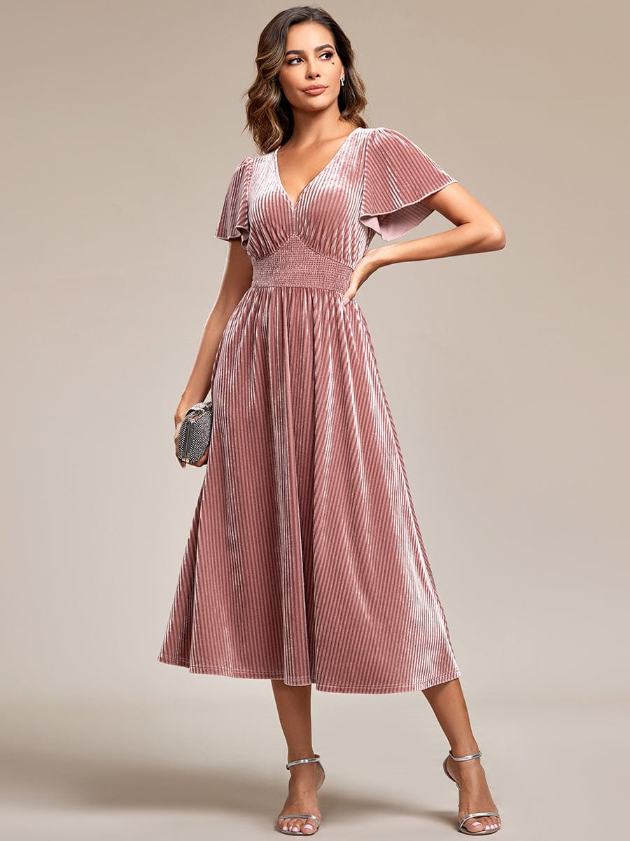 Graceful V-Neck Waist Design Short Sleeves Fall Velvet Midi Wedding Guest Dress #color_Purple Orchid