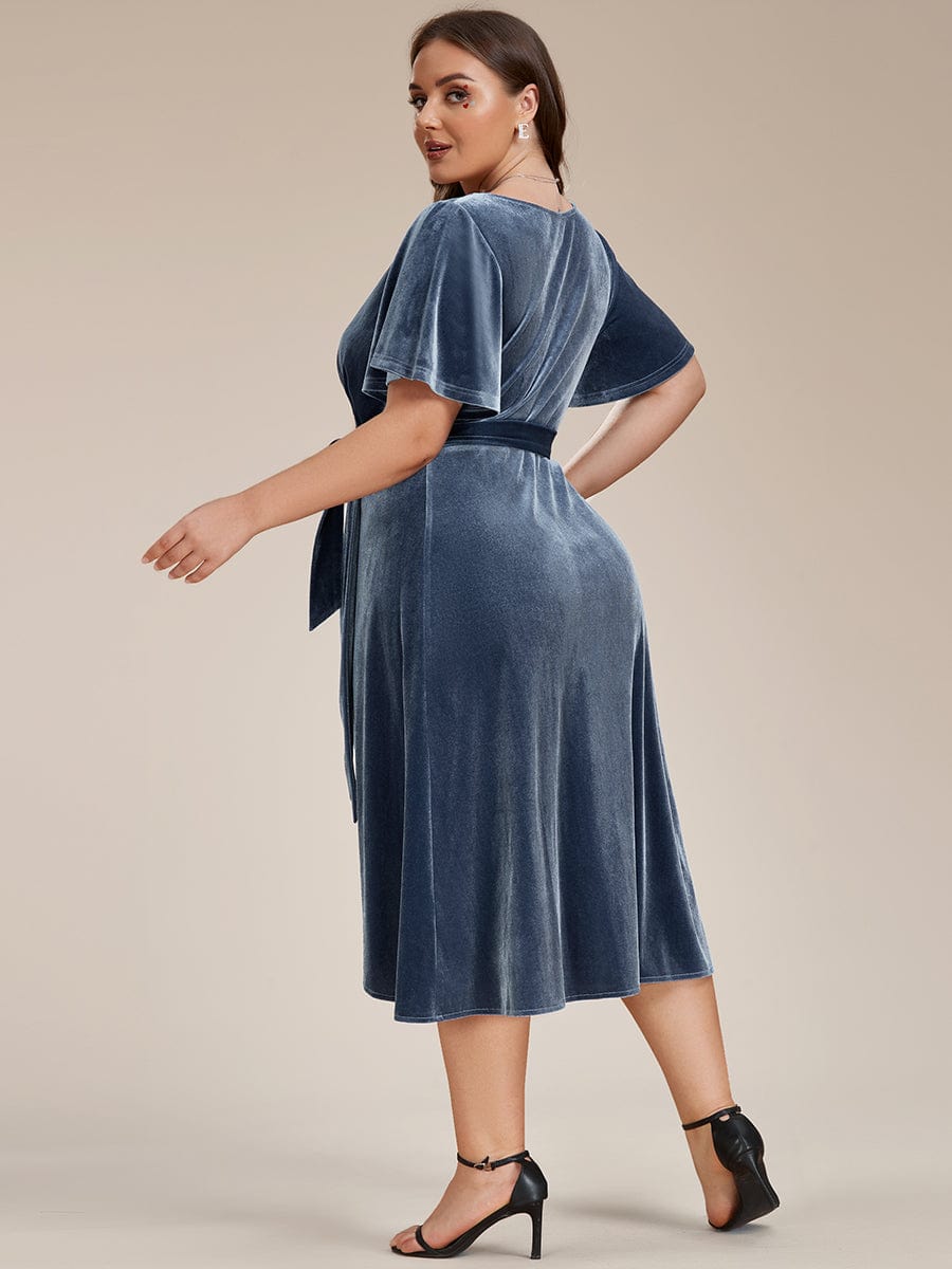 One-Piece Type Short Sleeves V-Neck Velvet Midi Wedding Guest Dress #color_Dusty Blue