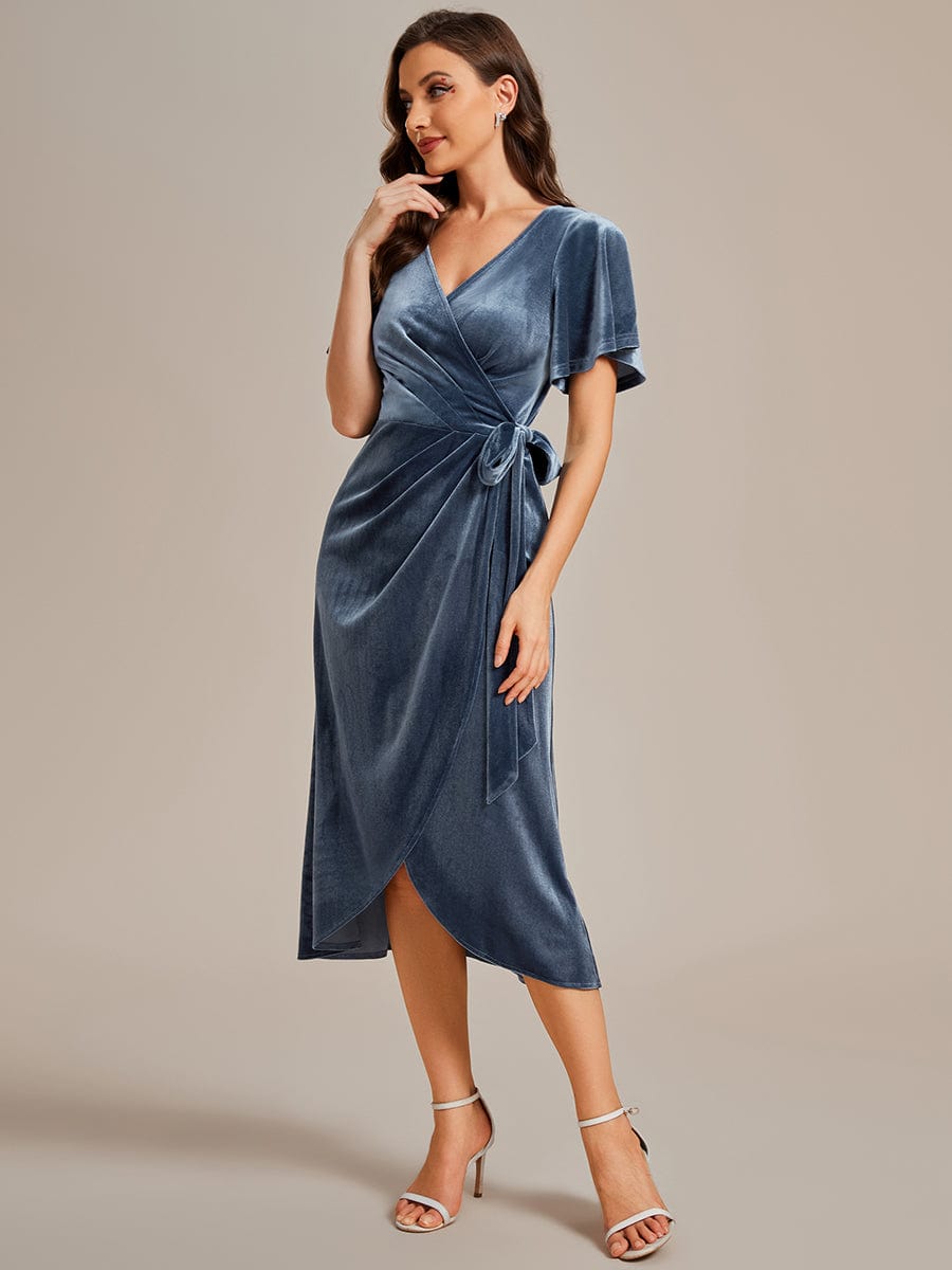 One-Piece Type Short Sleeves V-Neck Velvet Midi Wedding Guest Dress #color_Dusty Blue