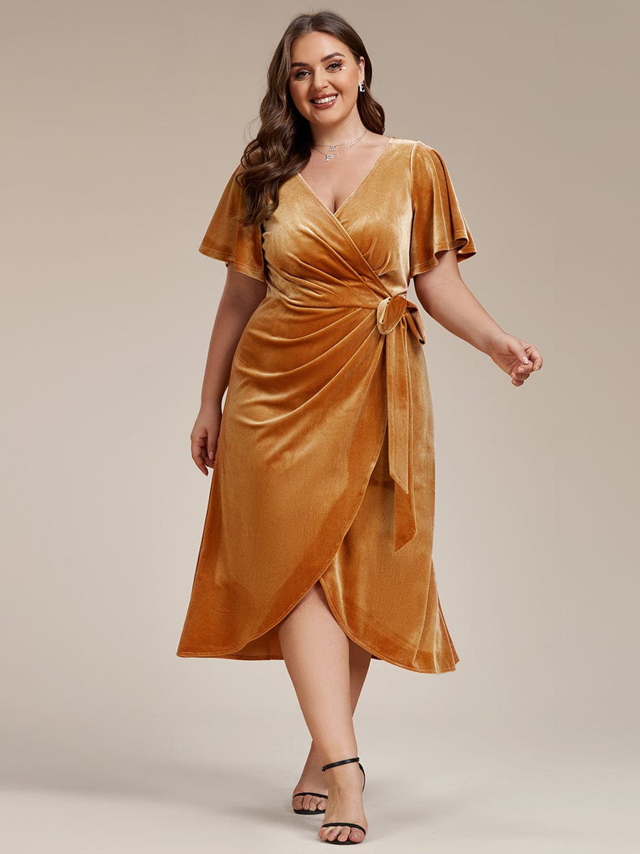 One-Piece Type Short Sleeves V-Neck Velvet Midi Wedding Guest Dress #color_Ginger