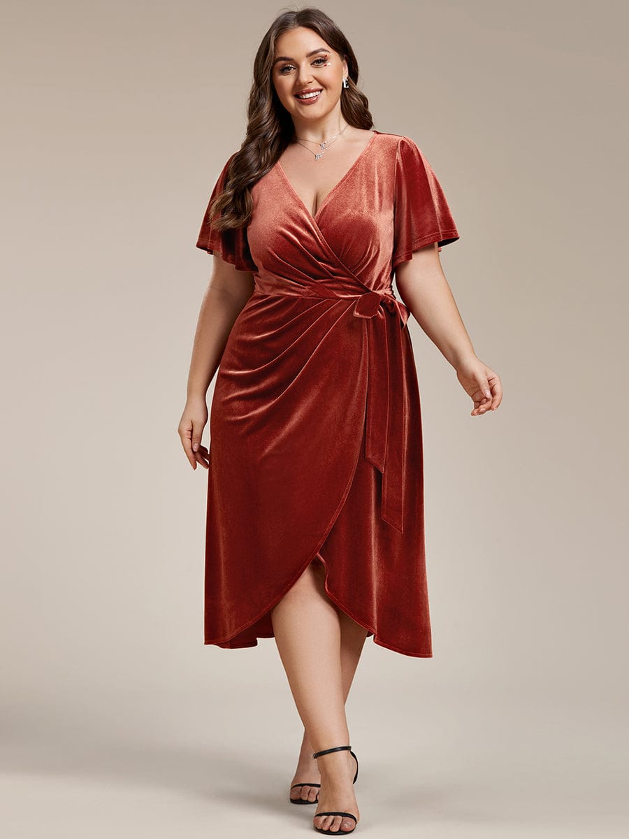 One-Piece Type Short Sleeves V-Neck Velvet Midi Wedding Guest Dress #color_Brick Red