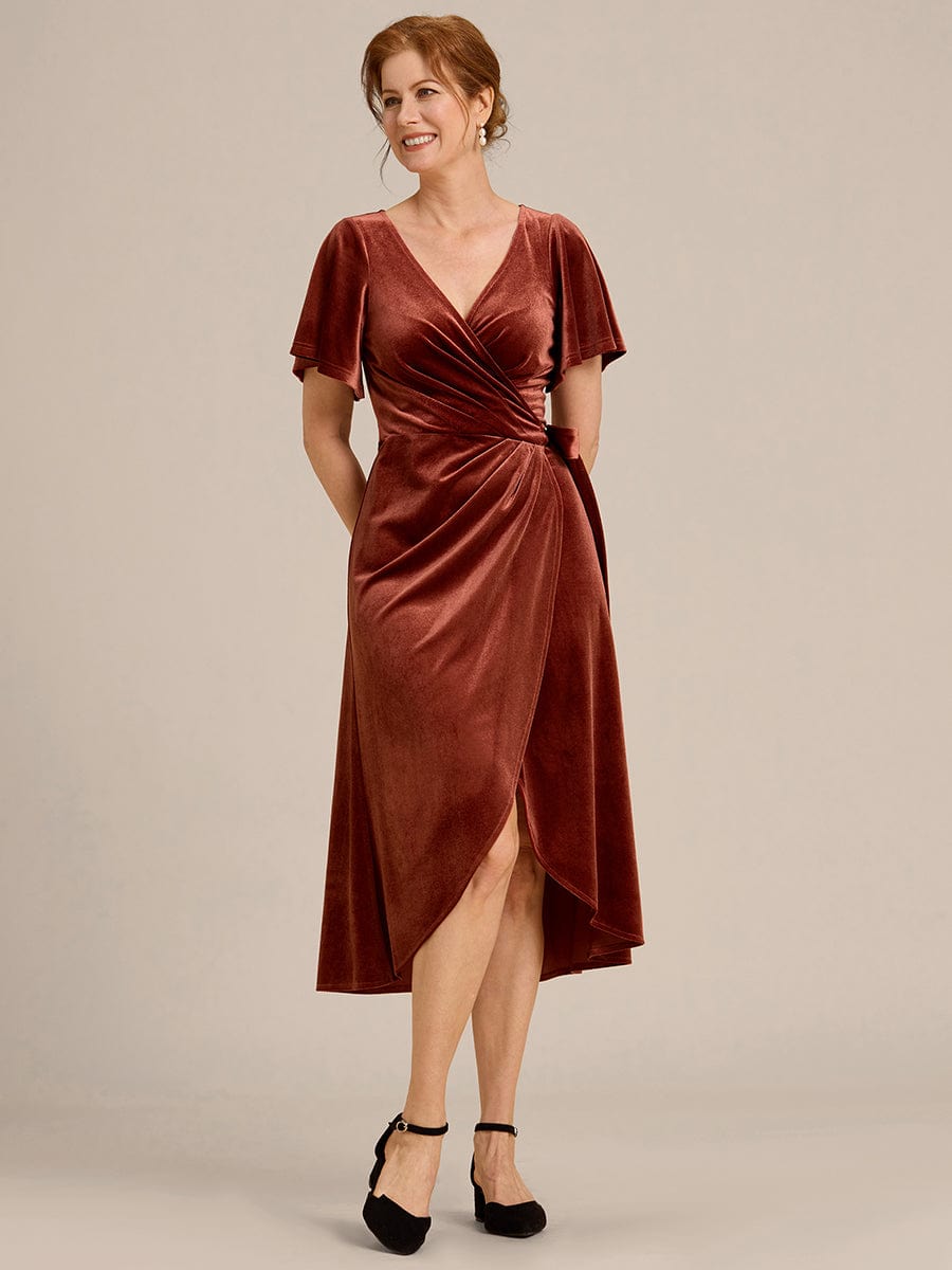 Tala | One-Piece Type Short Sleeves V-Neck Velvet Midi Mother of the Bride Dress