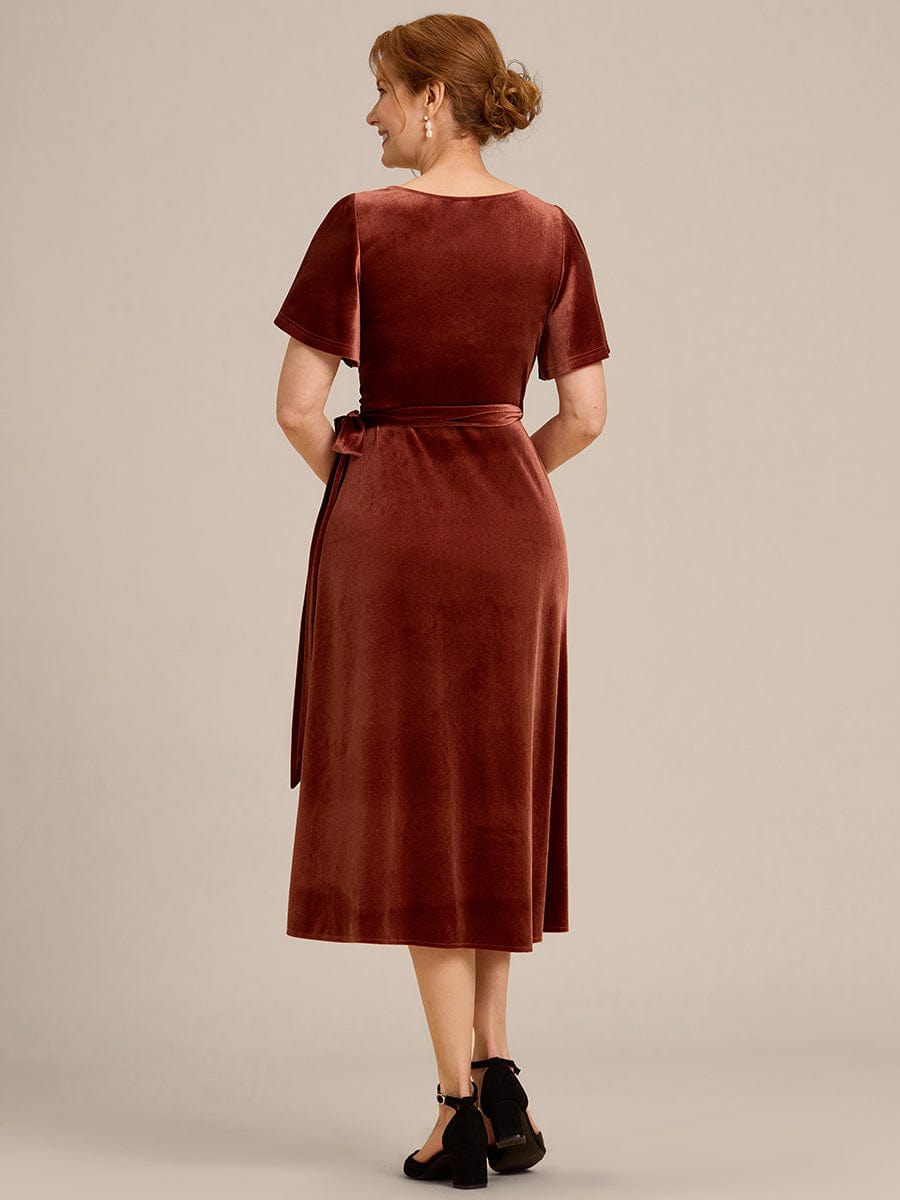 One-Piece Type Short Sleeves V-Neck Velvet Midi Wedding Guest Dress #color_Brick Red