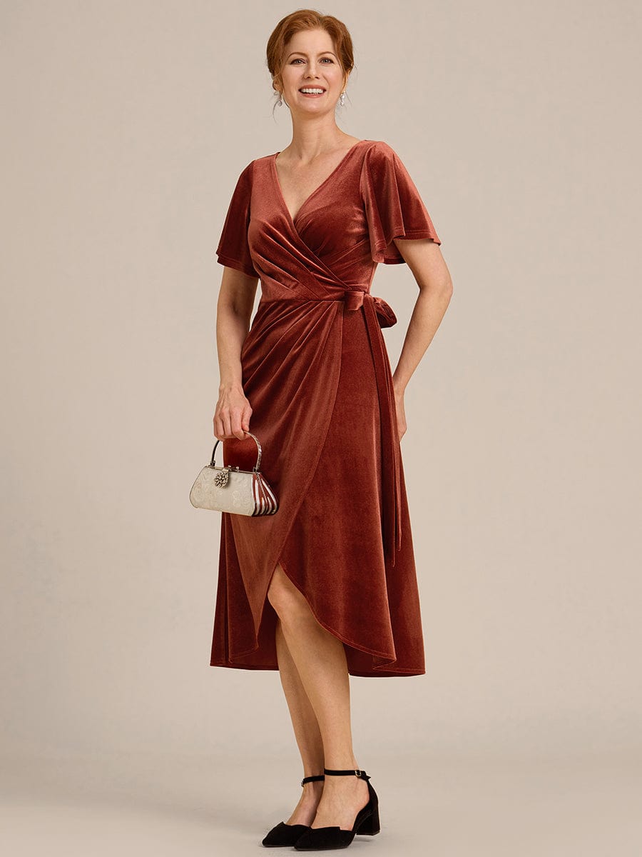 One-Piece Type Short Sleeves V-Neck Velvet Midi Wedding Guest Dress #color_Brick Red