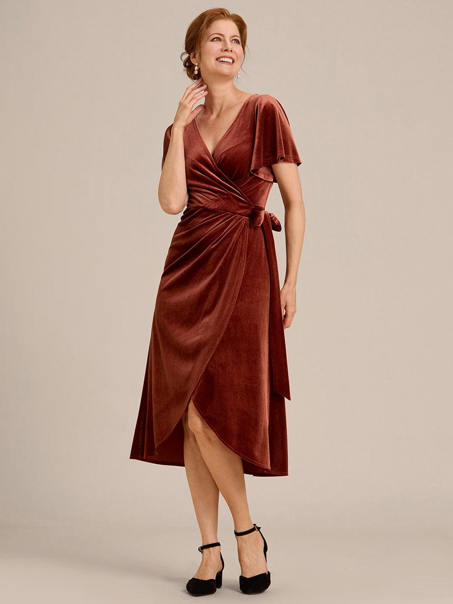 One-Piece Type Short Sleeves V-Neck Velvet Midi Wedding Guest Dress #color_Brick Red