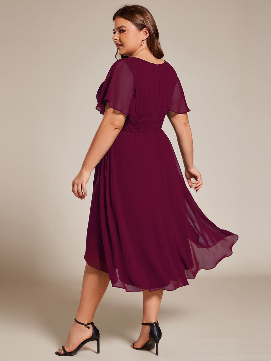 Plus Size Pleated Round Neckline A-Line Midi Chiffon Wedding Guest Dress #color_Burgundy