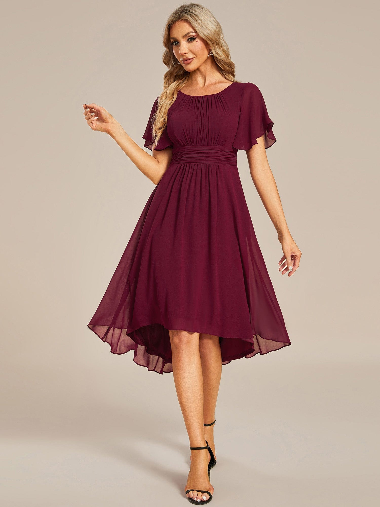 Flowy Chiffon Round Neckline A-Line Knee Length Wedding Guest Dress #color_Burgundy