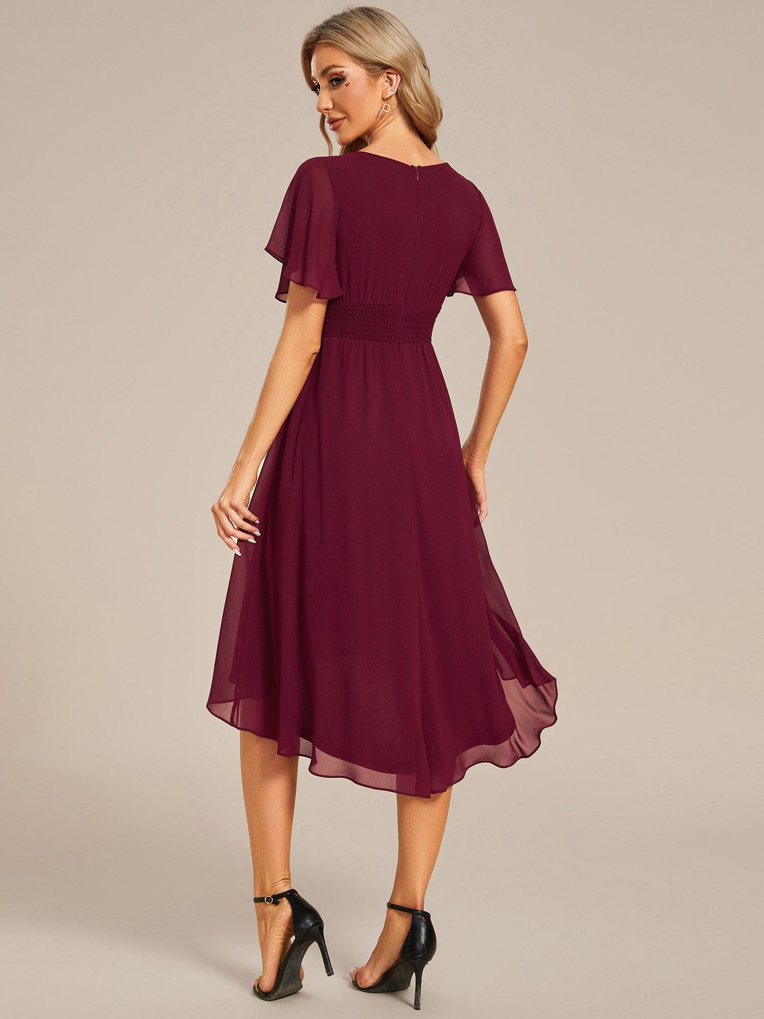 Flowy Chiffon Round Neckline A-Line Knee Length Wedding Guest Dress #color_Burgundy