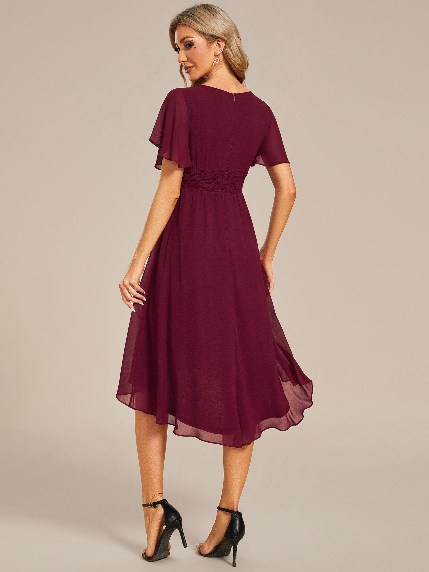 Flowy Chiffon Round Neckline A-Line Knee Length Bridesmaid Dress #color_Burgundy