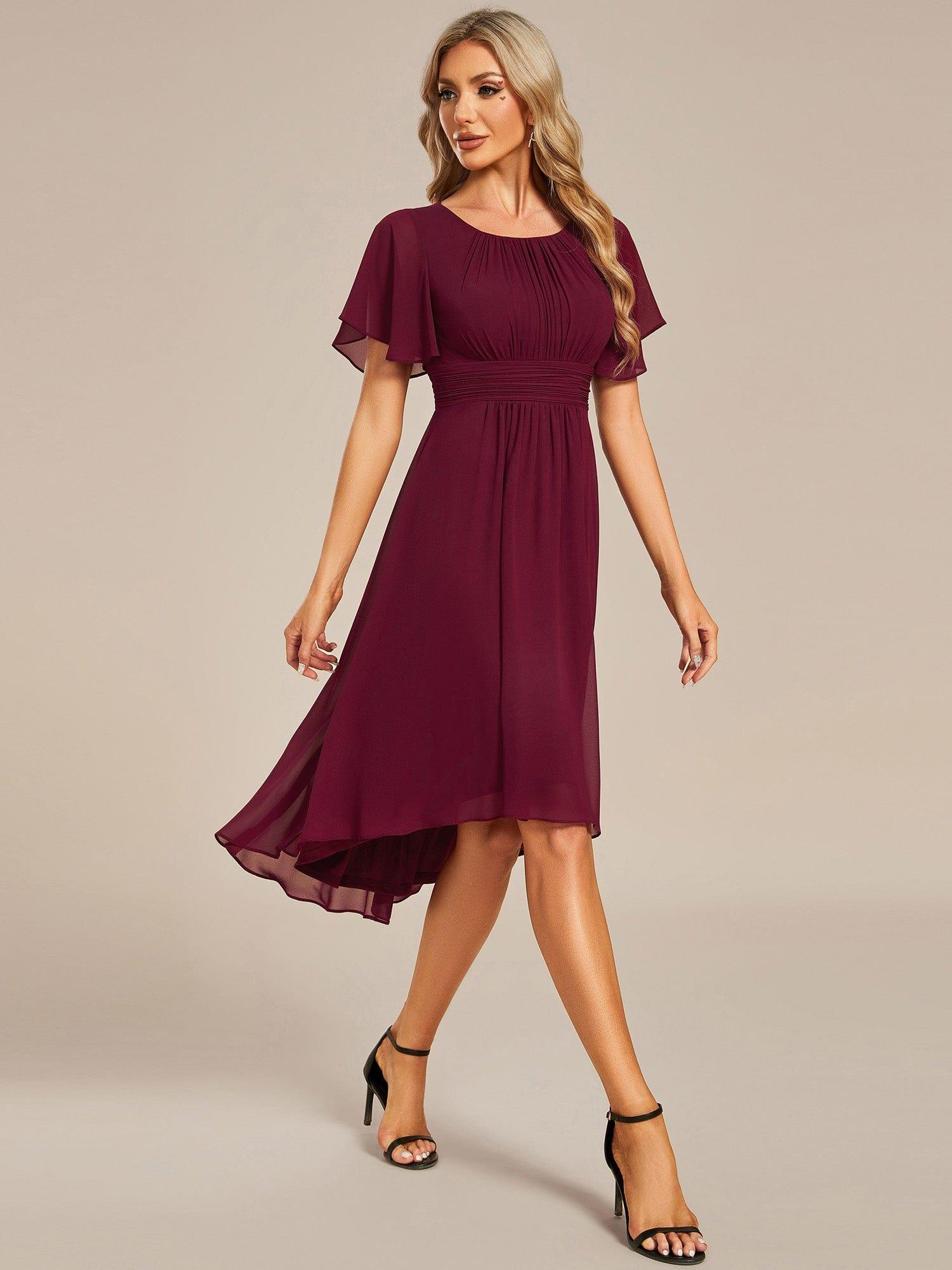 Flowy Chiffon Round Neckline A-Line Knee Length Bridesmaid Dress #color_Burgundy