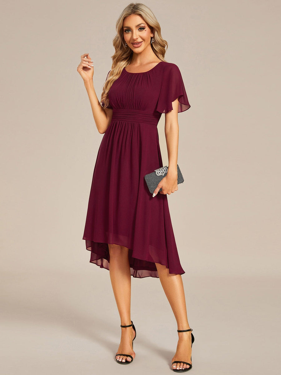 Flowy Chiffon Round Neckline A-Line Knee Length Wedding Guest Dress #color_Burgundy