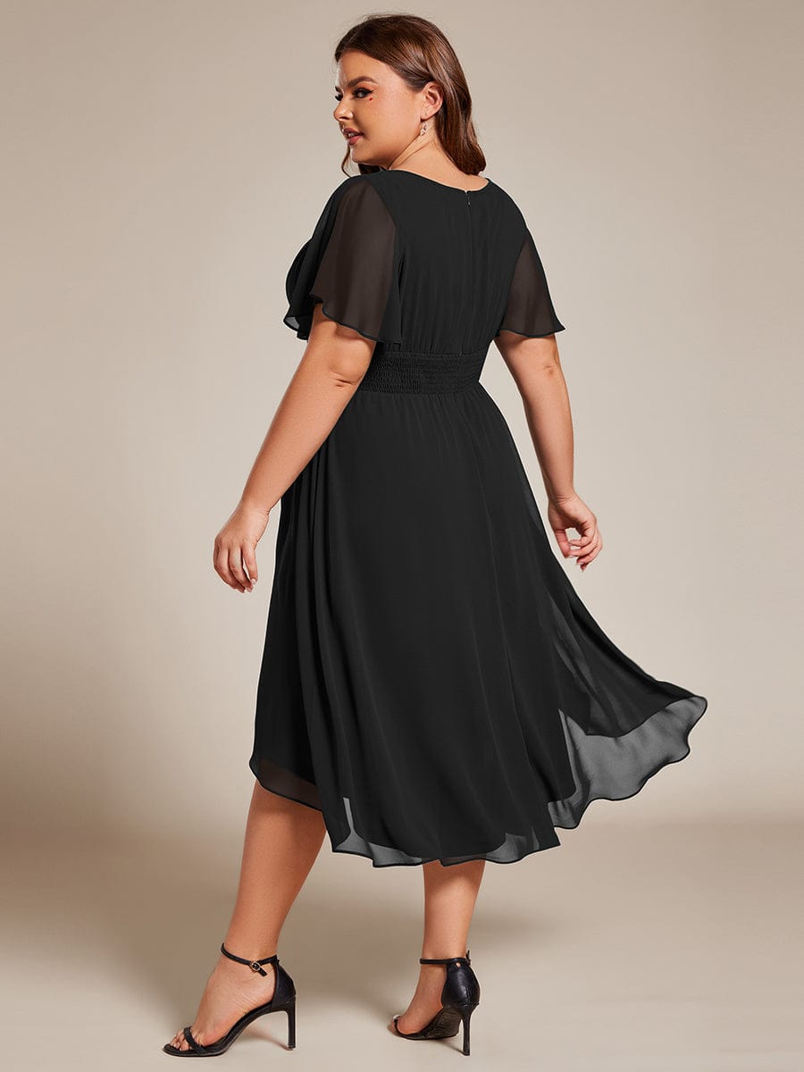 Plus Size Pleated Round Neckline A-Line Midi Chiffon Wedding Guest Dress #color_Black