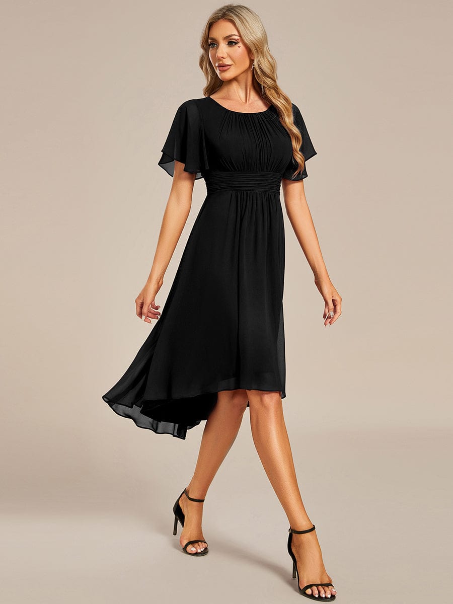 Flowy Chiffon Round Neckline A-Line Knee Length Wedding Guest Dress #color_Black