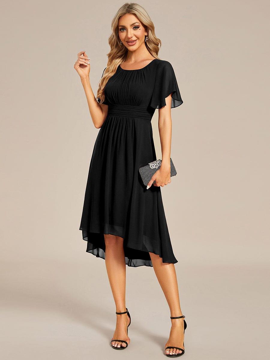 Flowy Chiffon Round Neckline A-Line Knee Length Bridesmaid Dress #color_Black