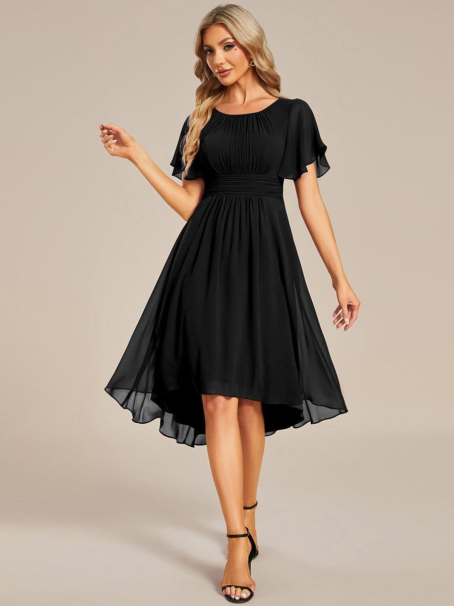 Flowy Chiffon Round Neckline A-Line Knee Length Bridesmaid Dress #color_Black