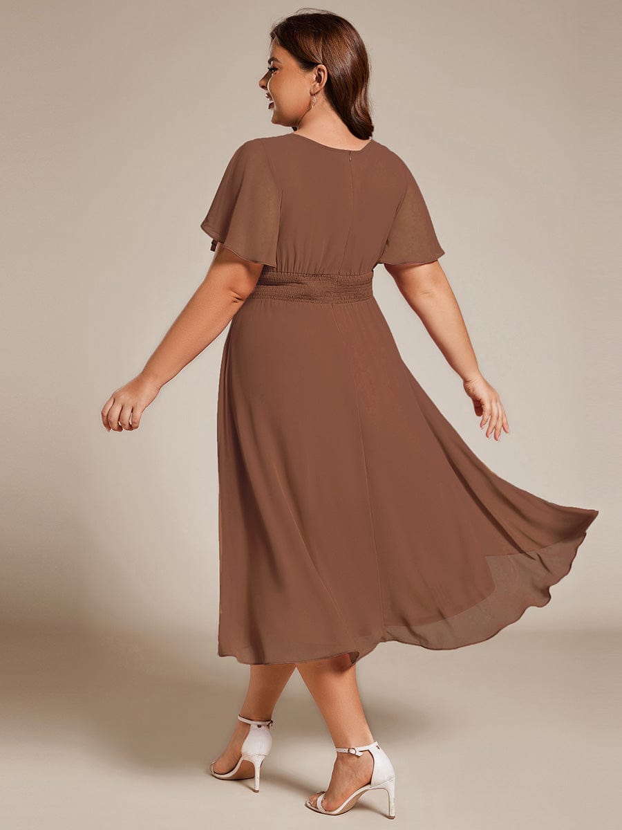 Custom Size Flowy Chiffon Round Neckline A-Line Knee Length Wedding Guest Dress #color_Brown