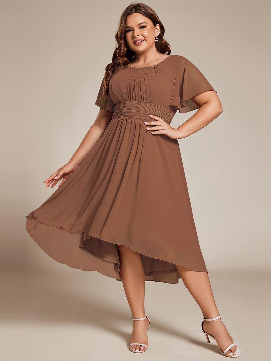 Flowy Chiffon Round Neckline A-Line Knee Length Bridesmaid Dress #color_Brown