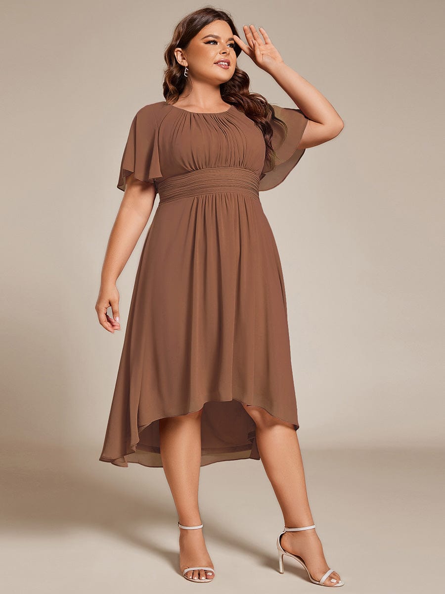 Custom Size Flowy Chiffon Round Neckline A-Line Knee Length Wedding Guest Dress #color_Brown