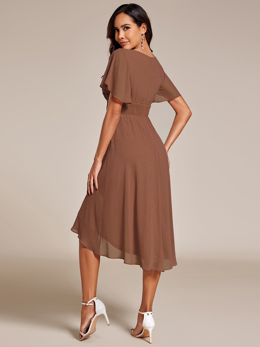 Custom Size Flowy Chiffon Round Neckline A-Line Knee Length Wedding Guest Dress #color_Brown