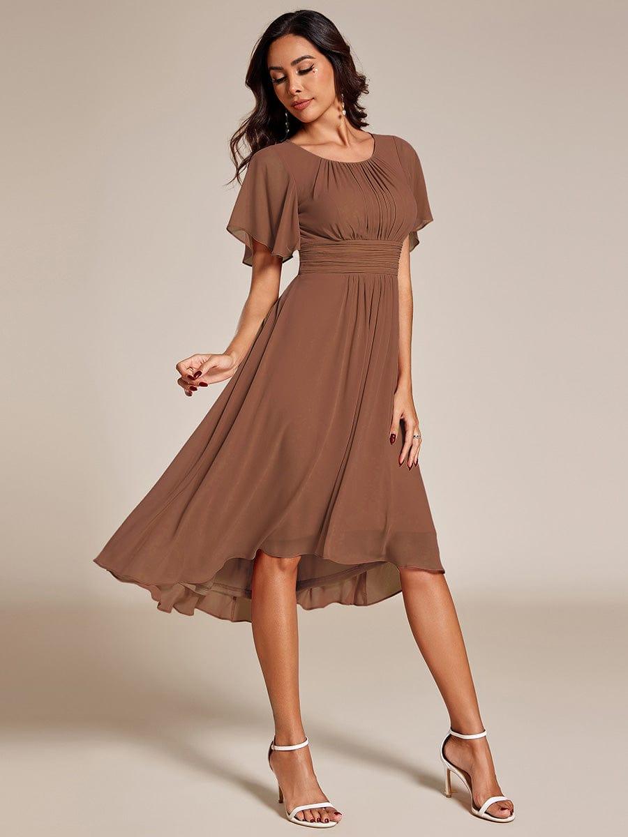 Flowy Chiffon Round Neckline A-Line Knee Length Bridesmaid Dress #color_Brown