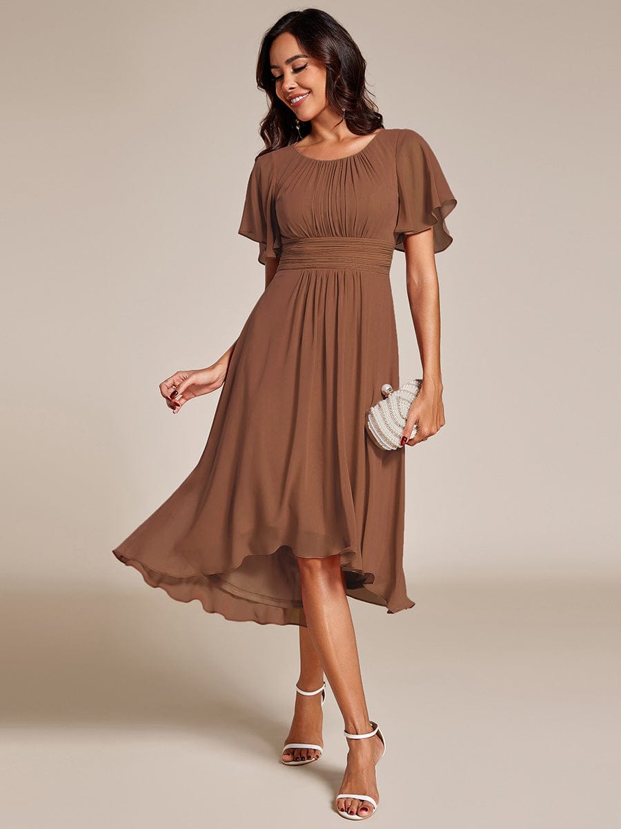 Custom Size Flowy Chiffon Round Neckline A-Line Knee Length Wedding Guest Dress #color_Brown