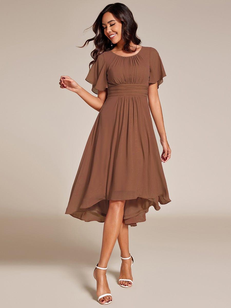 Flowy Chiffon Round Neckline A-Line Knee Length Bridesmaid Dress #color_Brown