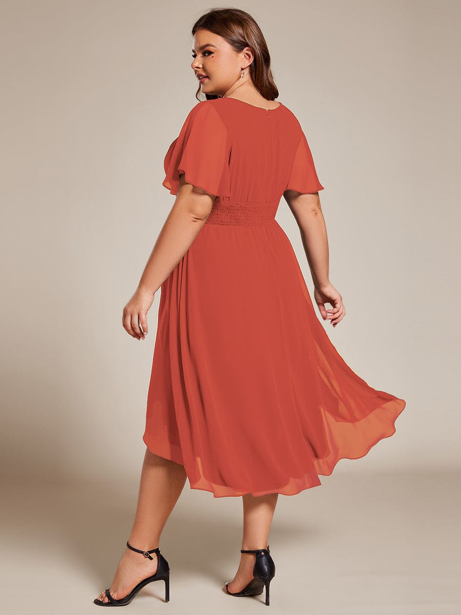 Plus Size Pleated Round Neckline A-Line Midi Chiffon Wedding Guest Dress #color_Burnt Orange