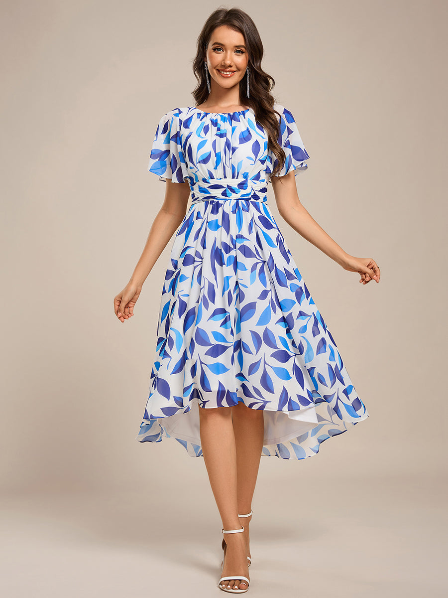 Flowy Chiffon Round Neckline A-Line Knee Length Wedding Guest Dress #color_Blue Floral