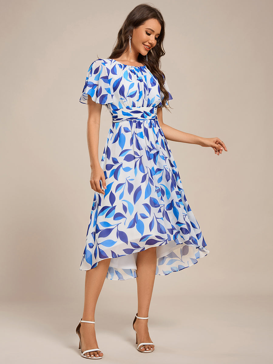 Flowy Chiffon Round Neckline A-Line Knee Length Wedding Guest Dress #color_Blue Floral