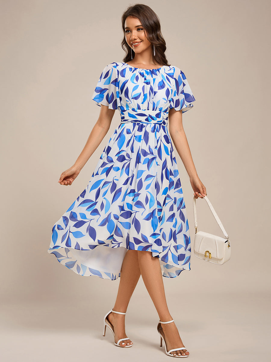 Flowy Chiffon Round Neckline A-Line Knee Length Wedding Guest Dress #color_Blue Floral